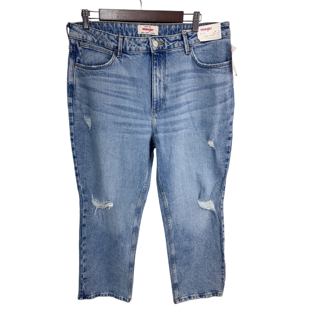 Wrangler 16/33 Blue Jeans Women's Rodeo Straight Crop High Rise Distressed
